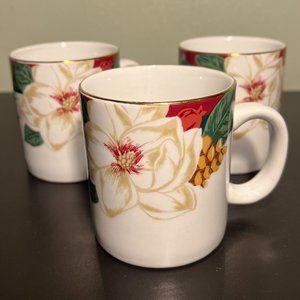Vintage FAIRFIELD Fine China Magnolia Mugs Cups Set of 3 12oz Pine Cones 90s Tea